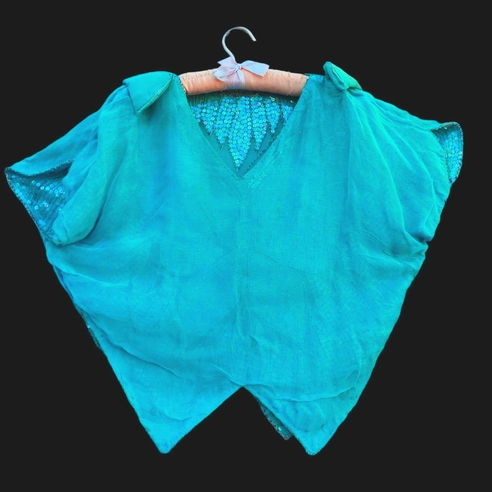 Butterfly Sequin Top Beaded 70s Disco Glam Blue Turquoise Green - Picture 6 of 10